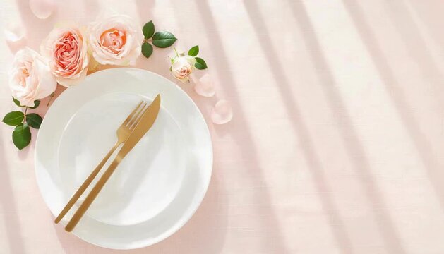 薔薇とゴールドのカトラリーがおしゃれなテーブルコーディネート