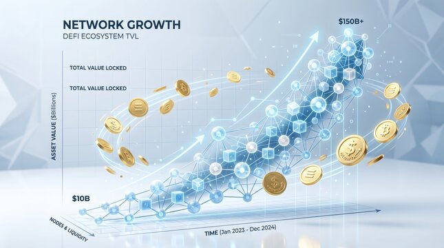 Defi ecosystem growth total value locked tvl chart with cryptocurrency visuals