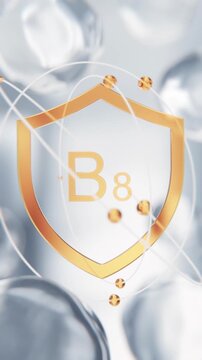 Inositol Vitamin B8 golden shield symbol in 3D animation. Cellular signaling molecular structure background with transparent liquid cells for neuroscience and chemistry video