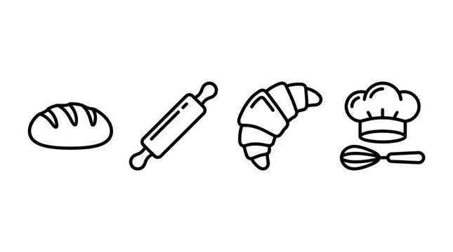 Baking Icons: Bread, Rolling Pin, Croissant, Chef Hat & Whisk Line Art
