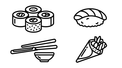 Sushi Icons: Maki Rolls, Nigiri, Chopsticks, and Soy Sauce Dish © kumara