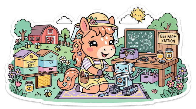 Cute pony builds robot at bee farm, learning science and technology, cartoon illustration