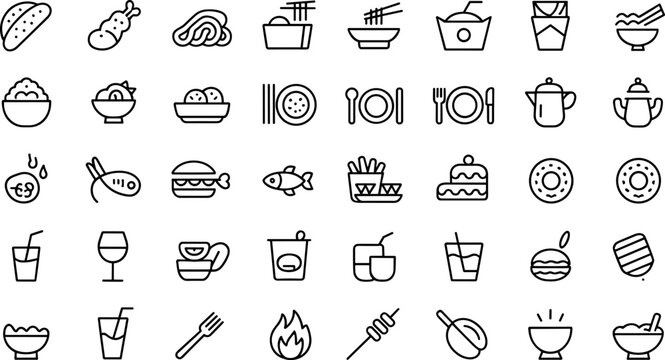 International cuisine and street food line icon set featuring asian noodles burger seafood dessert drinks and restaurant dining table setup elements