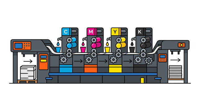 Modern industrial offset printing machine illustrating the CMYK color model in a digital manufacturing process, essential for graphic design and commercial publication production