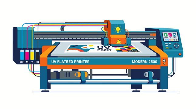 Modern industrial UV flatbed printer actively creating vibrant designs on a large-format substrate, showcasing advanced digital production technology