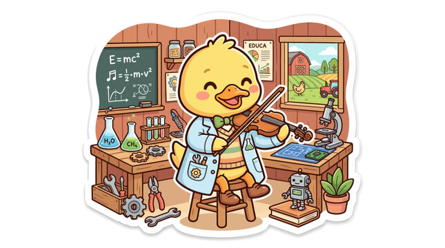 Cute duckling scientist playing violin in laboratory, cartoon illustration sticker