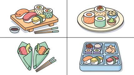 Cute Sushi Assortment: Nigiri, Maki Rolls, and Bento Box - Kawaii Food Illustration © kumara