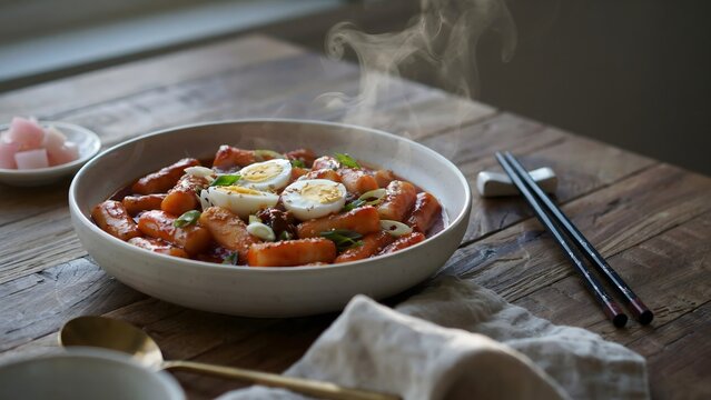 Warm Bowl of Spicy Korean Tteokbokki with Vegetables and Hard-Boiled Eggs on Rustic Wooden Table