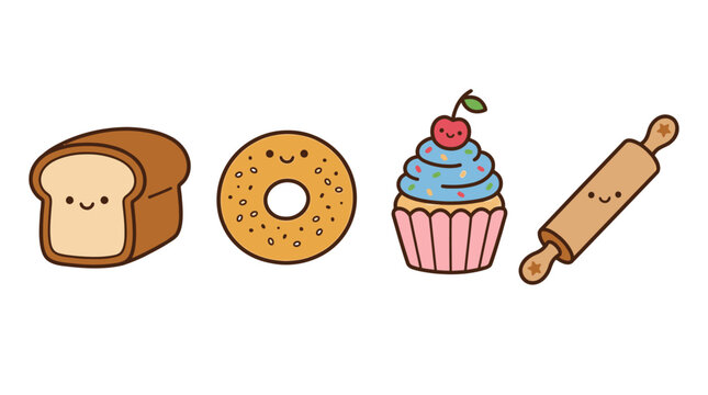 Cute Kawaii Bakery Food Characters: Bread, Bagel, Cupcake, Rolling Pin