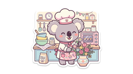 Cute Koala Chef Baking in Kitchen with Flowers © kumara