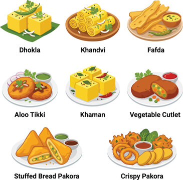 Indian vegetarian snack set with Dhokla Khandvi Fafda and Pakora on plates