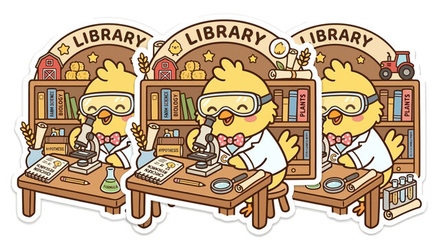 Cute cartoon chick scientist in lab coat and goggles working with microscope in library