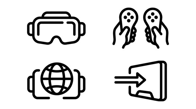 Virtual Reality Icons: VR headset, controllers, globe, screen entry. Digital technology.