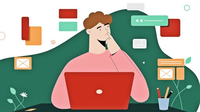 Young Man Character Thinking While Working on Laptop Surrounded by Floating Corporate Geometric Elements 2D Animation