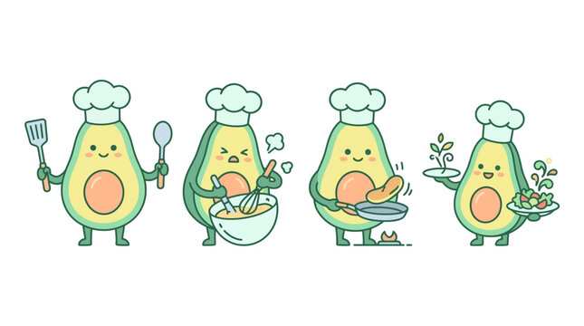 Cute Avocado Characters Cooking and Preparing Food