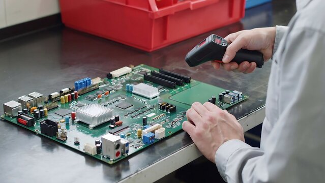 Close-up photo of technician scanning green printed circuit board with handheld scanner in electronics factory