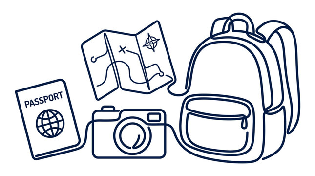Travel Essentials: Backpack, Passport, Map, and Camera Icon Set - Adventure Trip Concept