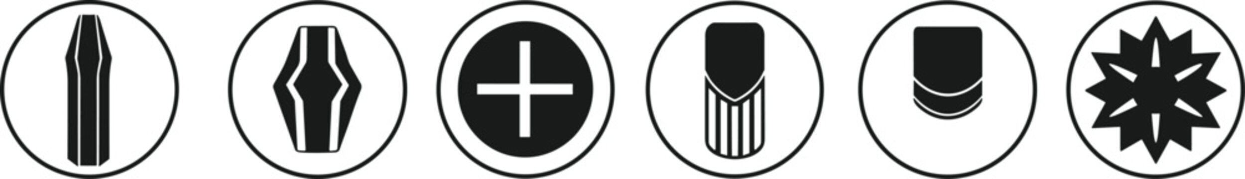 Screwdriver Bit and Screw Head Icons Vector Set with Phillips Torx and Hex Drive Types