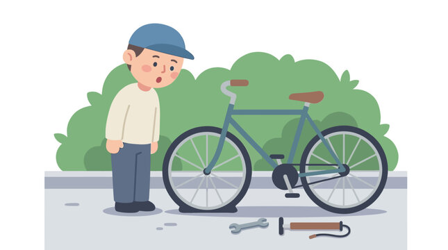 Boy with Flat Tire Bicycle and Tools