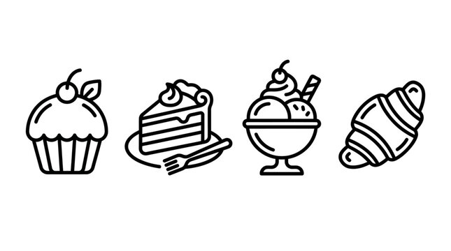 Dessert Icons: Cupcake, Cake Slice, Ice Cream Sundae, Croissant - Vector Art