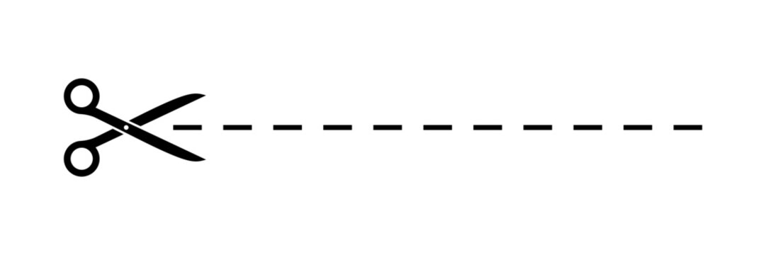 Open scissors with dotted line, cut here cutting line. Vector illustration