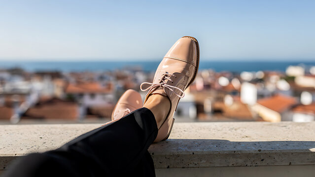 Relaxed feet on ledge overlooking cityscape