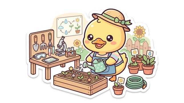 Cute duckling gardener watering plants in a greenhouse, cartoon style