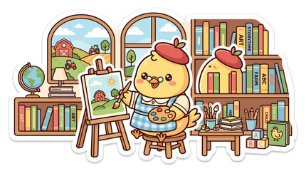 Cute chick artist painting a farm landscape in a cozy room with bookshelves © kumara