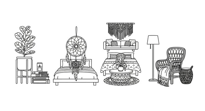 Bohemian Bedroom Decor Line Art: Dreamcatcher, Plants, Beds, Macrame, Chair