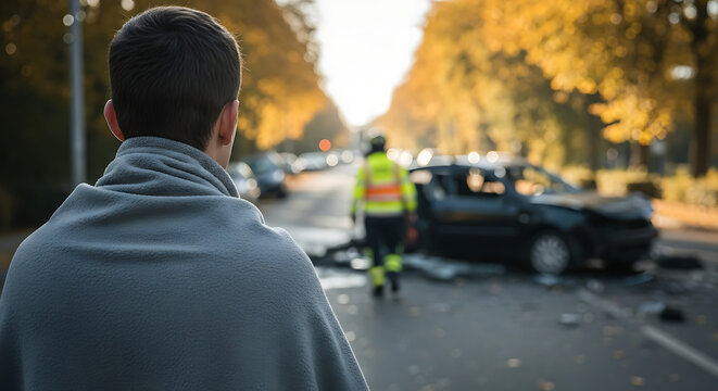 A shocked person wrapped in a blanket watching a car accident scene with emergency responders.