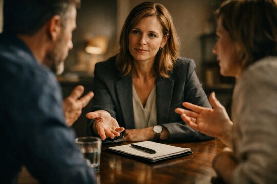 Female mediator facilitating a calm discussion between two people during a counseling session.