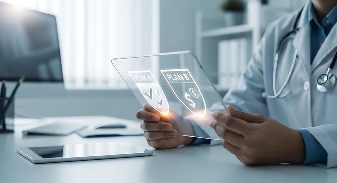Doctor holding a transparent tablet displaying health insurance plan options for patients.