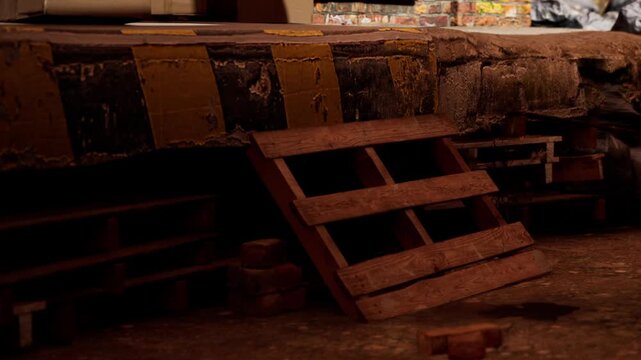 Wooden pallets are arranged under a concrete platform in a warehouse. The area shows bricks and packing boxes. Light highlights the texture of the pallets and surroundings.
