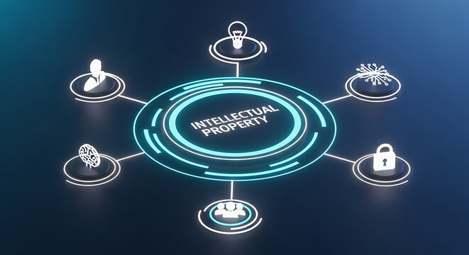 Central hub displaying 'Intellectual Property' surrounded by icons representing patents, copyright, trademarks, and innovation.