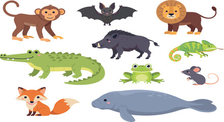 Adorable wildlife animal collection with funny zoo and forest characters monkey lion boar lizard frog isolated on white background © Lili Begum
