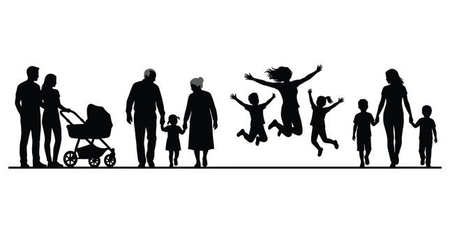 Detailed black silhouette of a happy multi generational family walking and jumping together in unity
