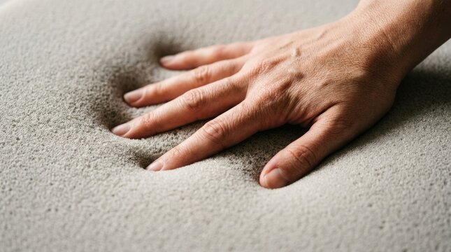 Human hand pressing into a grey memory foam surface, demonstrating its softness, elasticity, and comfort properties
