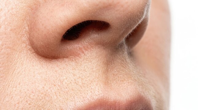 Extreme close-up of human nose with visible skin texture, pores, and nostril hair on a white background