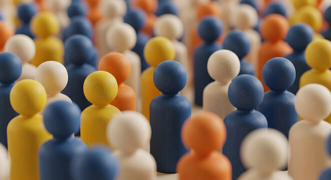 Abstract concept of a diverse crowd represented by colorful wooden peg dolls.