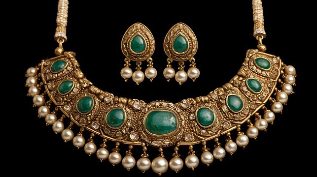 Traditional Indian bridal antique gold necklace and earring set with emeralds and pearls isolated on black background