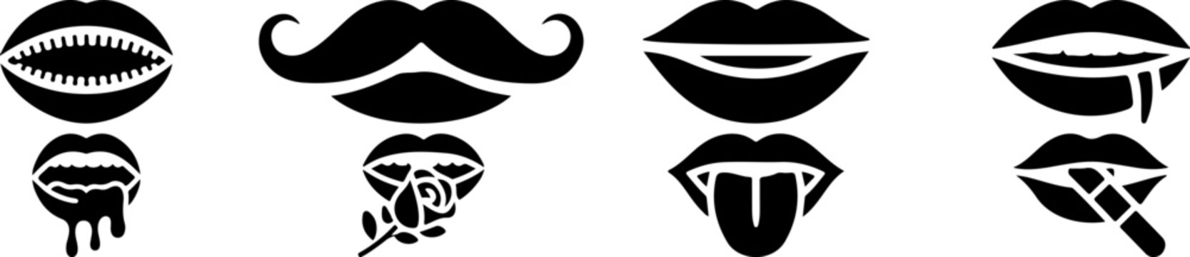 Lips and mouth vector silhouette set with tongue, mustache, rose, lipstick, sexy expressions
