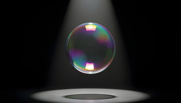 Single Iridescent Bubble Under Spotlight &ndash; Minimal Abstract Composition, Floating Sphere, and Color Reflection Concept