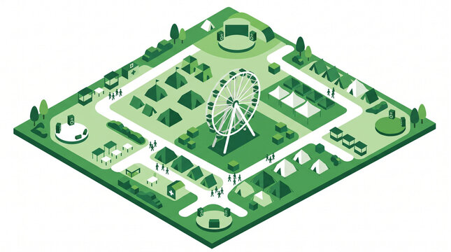 Isometric green map of festival grounds and park.