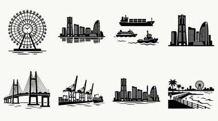 Obraz premium Yokohama landmarks vector illustration featuring Cosmo Clock 21 Ferris Wheel, Bay Bridge, Port Cranes, Waterfront Skyline, Harbor Ships, and Seaside view representing Japanese architecture and travel 