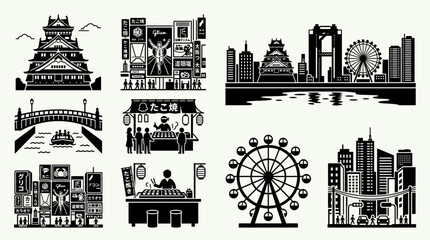 Obraz premium Osaka landmarks vector illustration featuring Osaka Castle, Dotonbori Street, Canal Bridge, Ferris Wheel, Neon Sign Boards, and Urban Buildings representing Japanese architecture, travel, and cultural