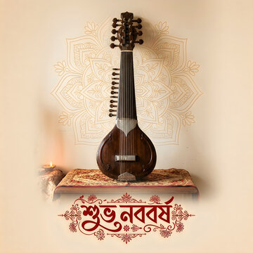 Traditional indian instrument with shubho noboborsho greeting