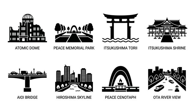 Hiroshima landmarks vector illustration featuring Atomic Dome, Peace Memorial Park, Itsukushima Torii, Shrine, Aioi Bridge, Hiroshima Skyline, Peace Cenotaph, and Ota River View representing Japanese 