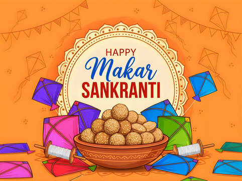 Happy makar sankranti celebration with kites and til gul sweets
