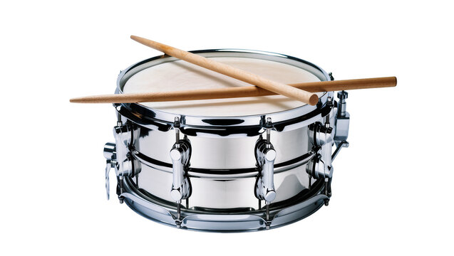 Chrome snare drum with wooden drumsticks