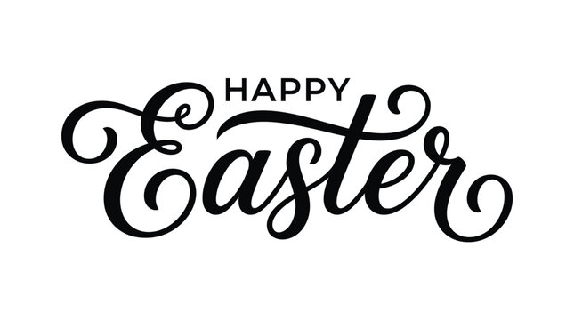 Elegant black happy easter calligraphy lettering with decorative swirls isolated on a clean white background